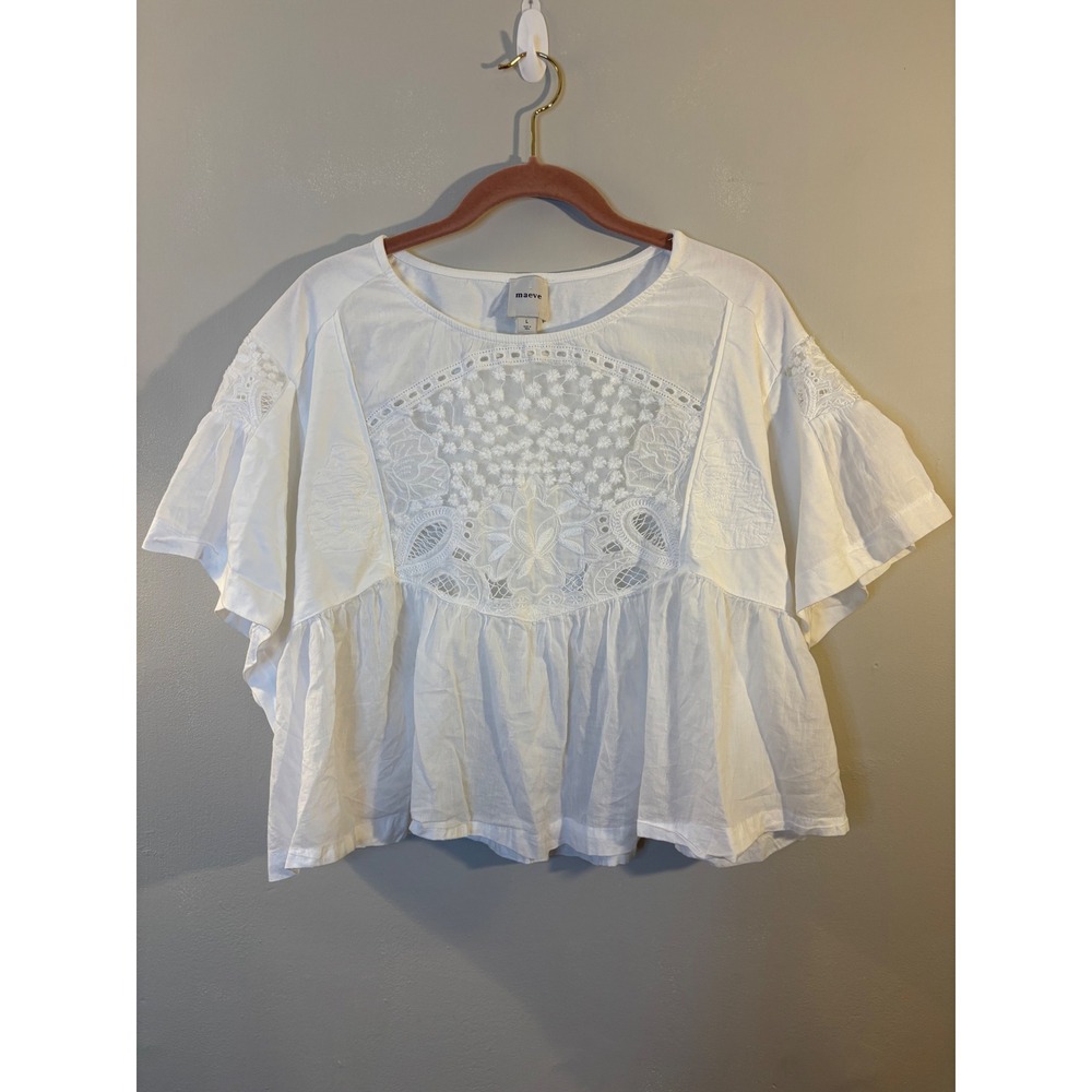 Maeve White Short Sleeve Embellished Swing Top L Boxy Boho Anthropologie - Picture 3 of 9
